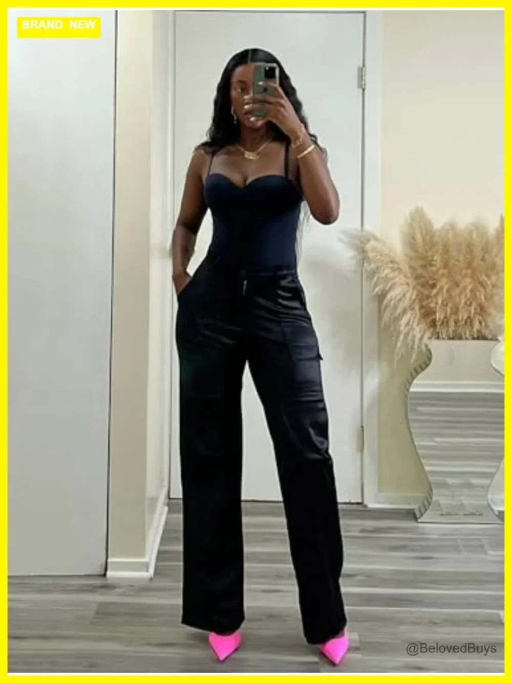 Womens Satin Cargo Pants High Waisted Wide Leg Straight Club Trousers